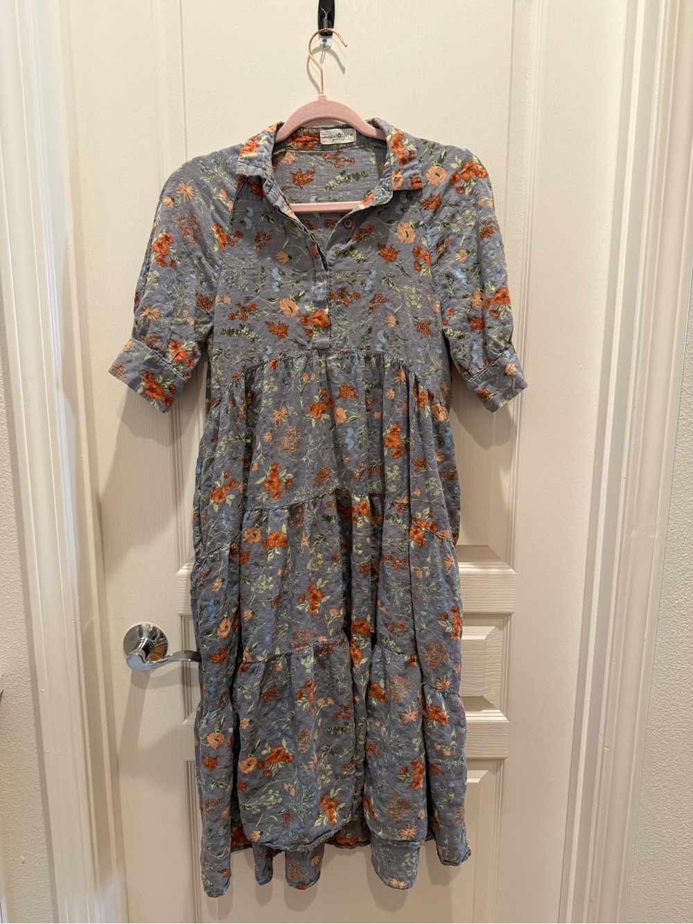 NATURAL LIFE Blue Floral Tiered Button-Front Maxi Dress with Orange Blooms